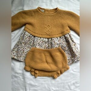 Charming Mustard Knit Kids Set with Floral Skirt